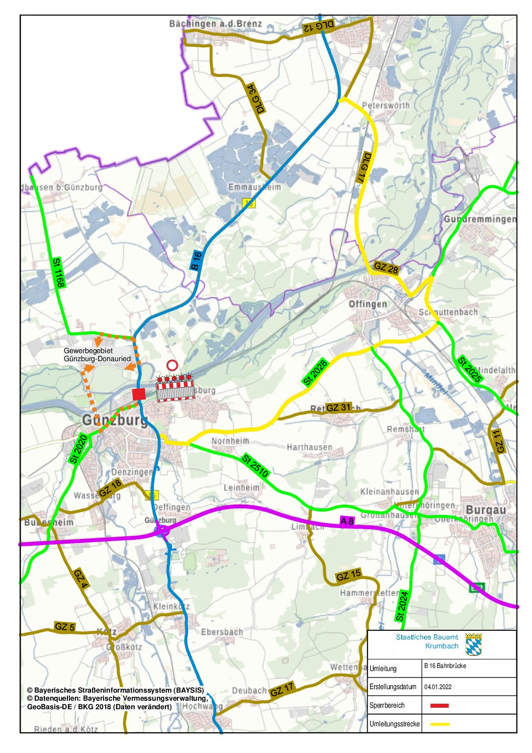 Ersatzneubau der Bahnbrücke in Günzburg – Vollsperrung der B 16 ab Dienstag, den 11. Januar 2022